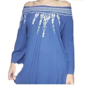 Terre Bleue NWT Womens Shirt Blue & White Embroidered Peasant Blouse Top Size L